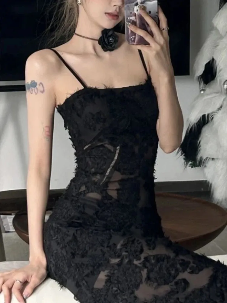 Aiertu Black Sexy Party Midi Dress Women Summer See-through Strap Y2k Dress Female Lace Chic Korean Fashion Slim Vintage Dress 2024 New