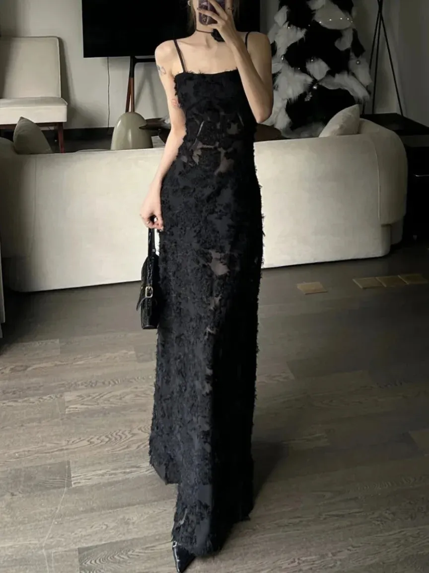 Aiertu Black Sexy Party Midi Dress Women Summer See-through Strap Y2k Dress Female Lace Chic Korean Fashion Slim Vintage Dress 2024 New