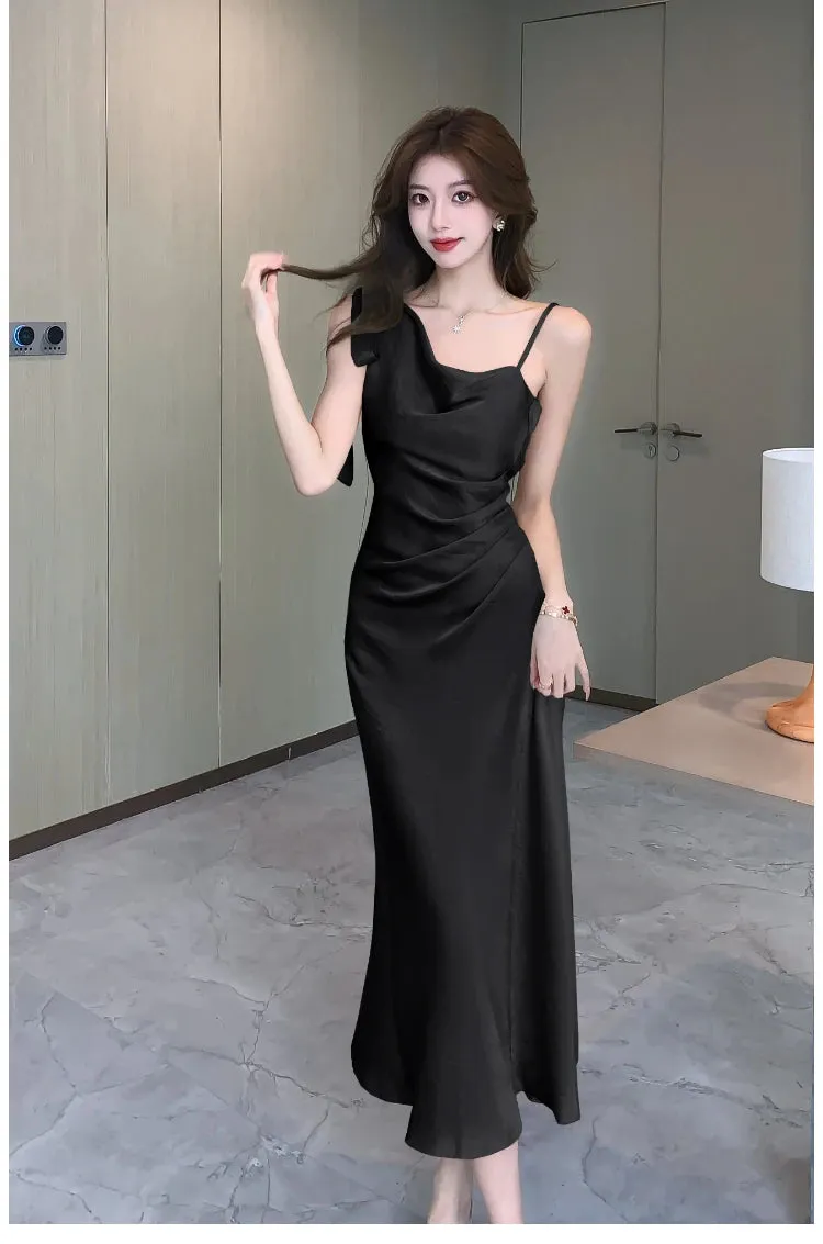 Aiertu Spaghetti Strap Women Fashion Satin Midi Dress Sleeveless Casual Solid Chic Bodycon Slim Party Dresses Female Vestidos New