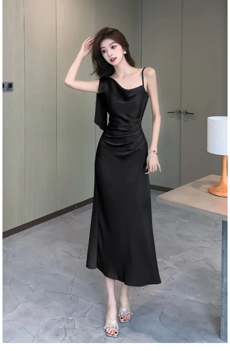 Aiertu Spaghetti Strap Women Fashion Satin Midi Dress Sleeveless Casual Solid Chic Bodycon Slim Party Dresses Female Vestidos New