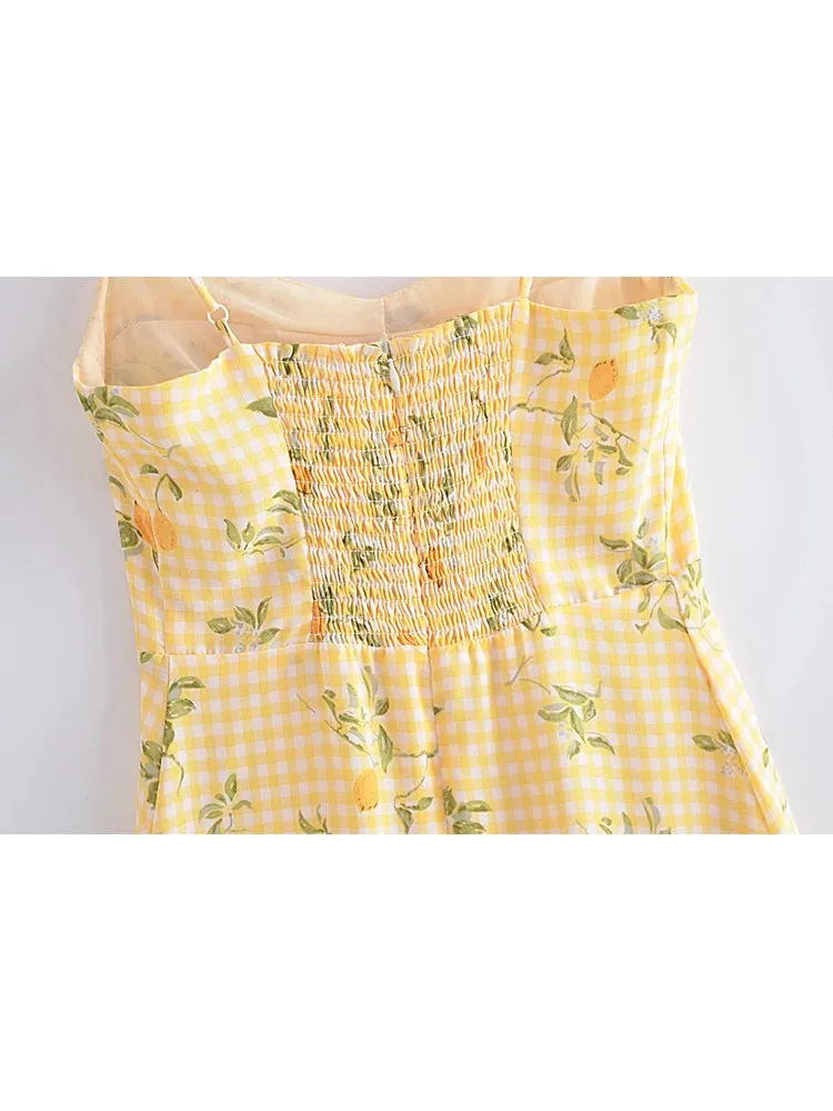 Aiertu  Summer Women French Style Prairie Chic Plaid Flower Print Sexy Sling Dress Vintage Ladies A-line Short Chiffon Sundress