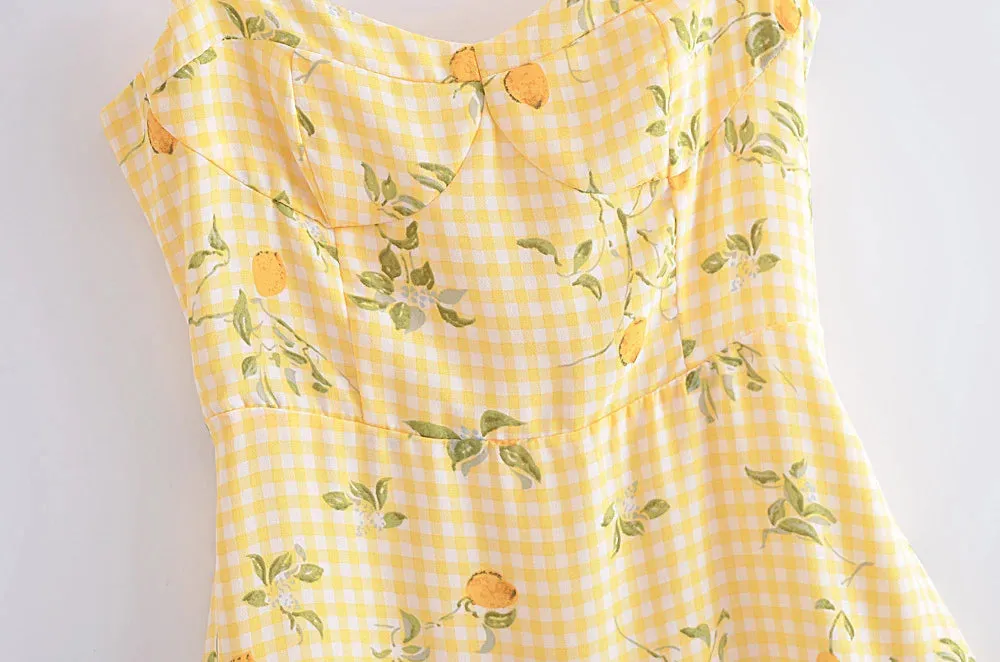 Aiertu  Summer Women French Style Prairie Chic Plaid Flower Print Sexy Sling Dress Vintage Ladies A-line Short Chiffon Sundress