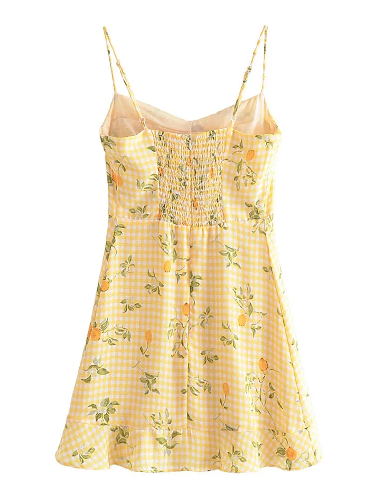 Aiertu  Summer Women French Style Prairie Chic Plaid Flower Print Sexy Sling Dress Vintage Ladies A-line Short Chiffon Sundress