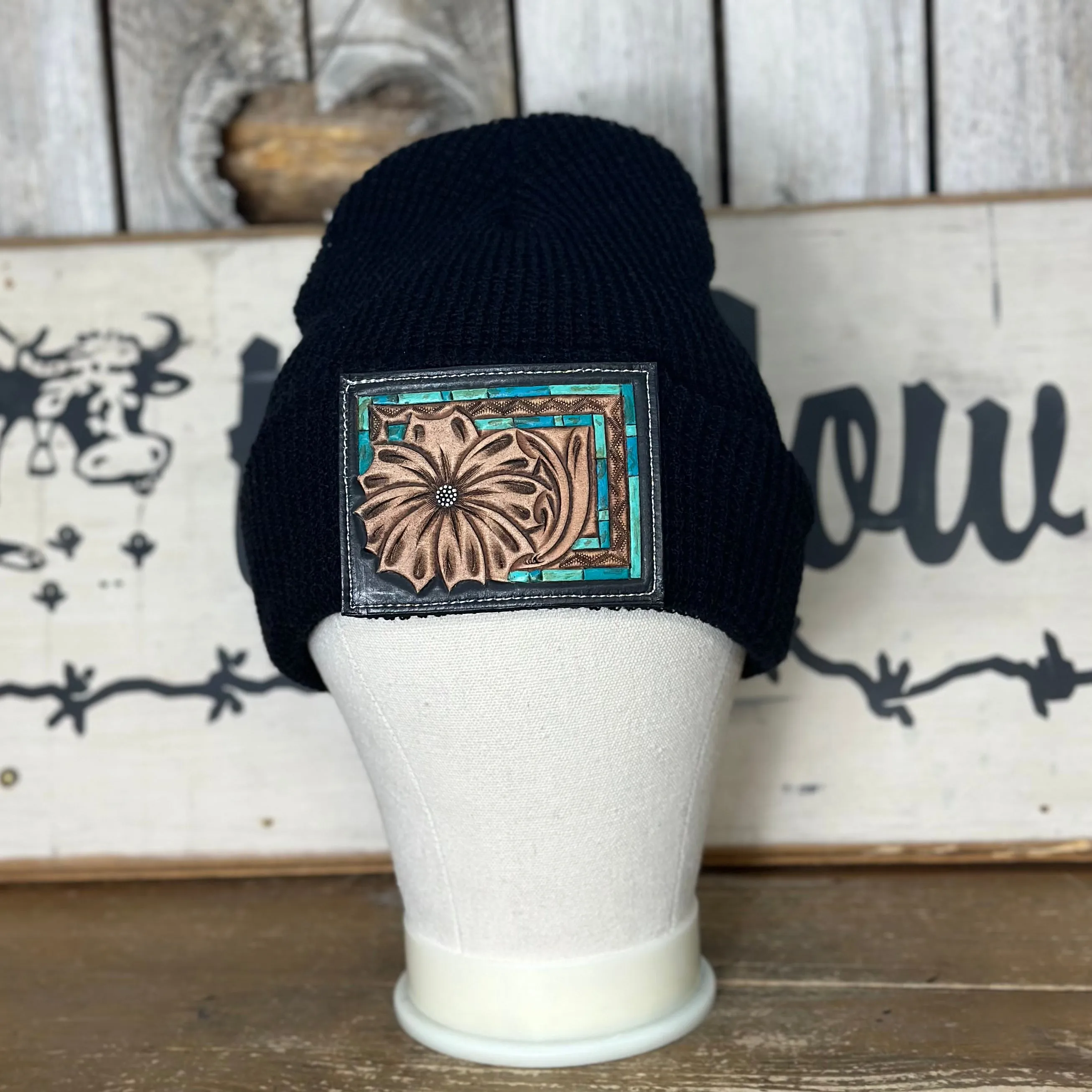 Amanda Rose Knit Cuff Beanie w/ Hand Tooled Leather Patch