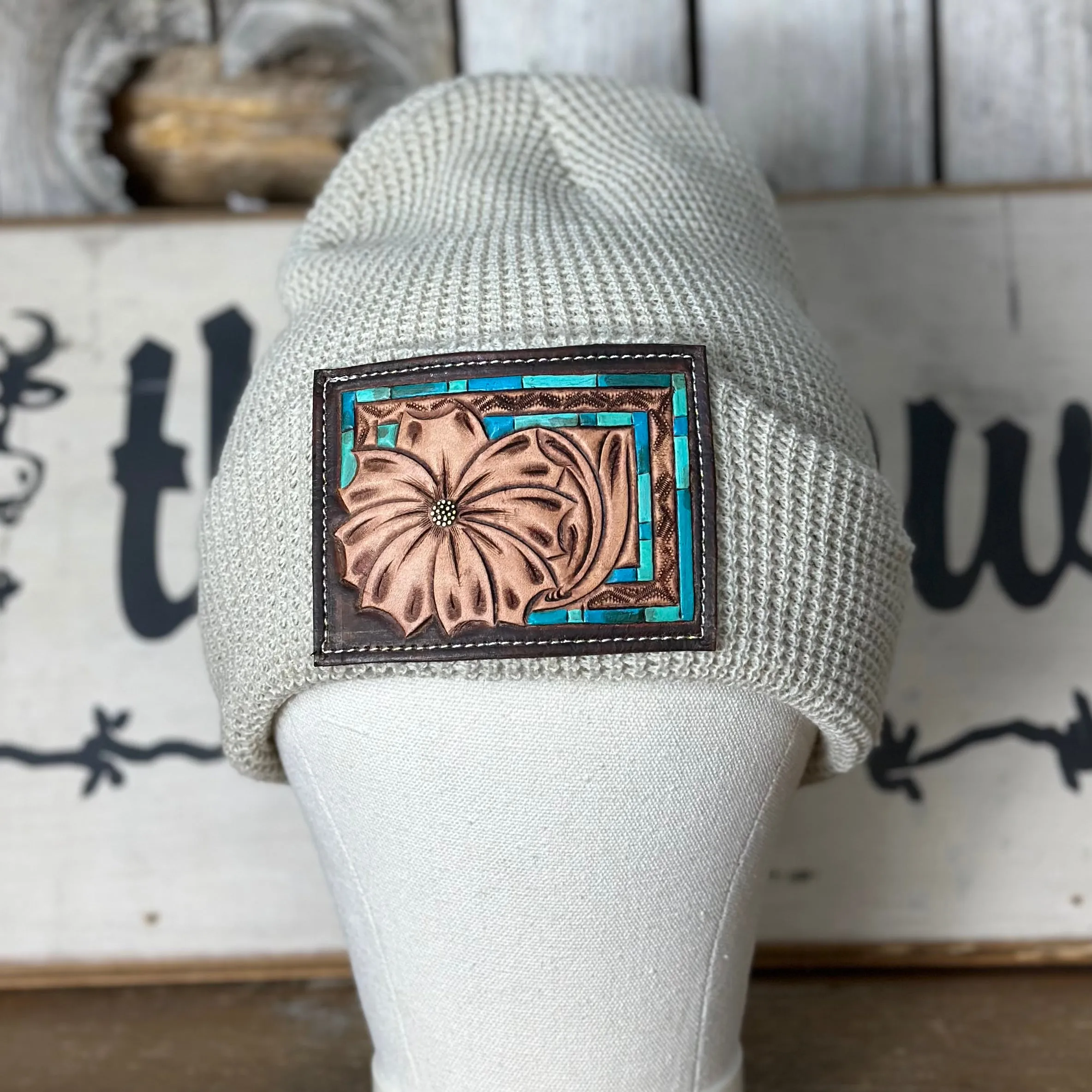 Amanda Rose Knit Cuff Beanie w/ Hand Tooled Leather Patch