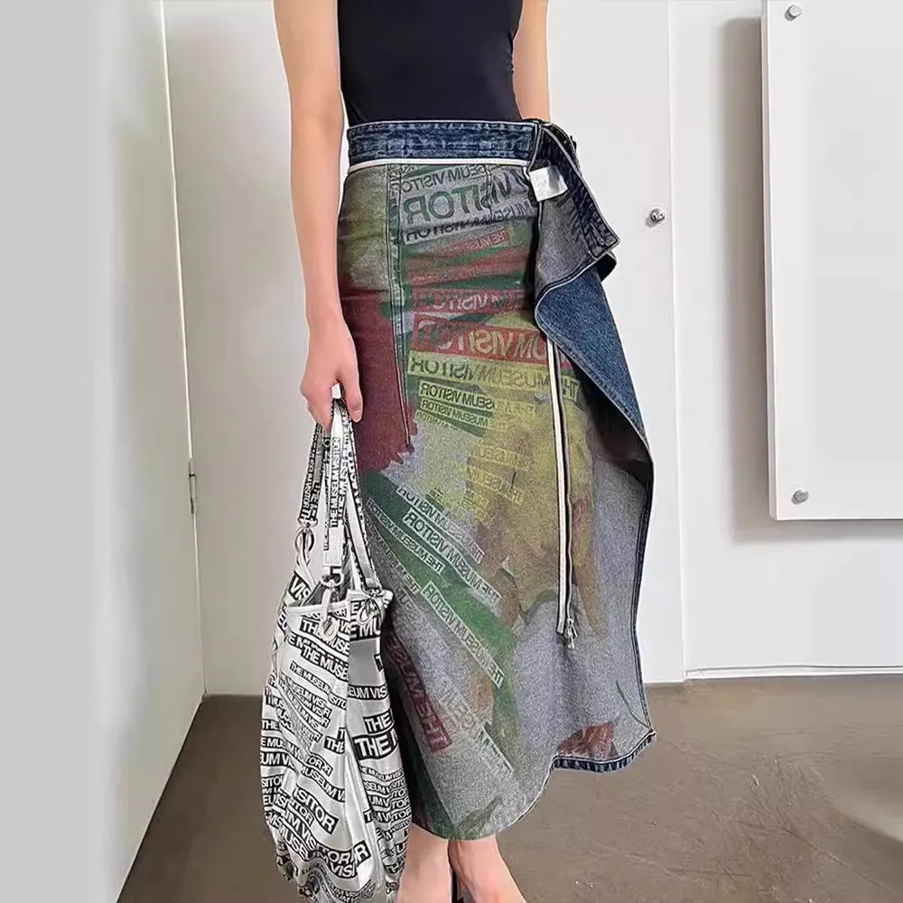 Artistic Reversible Slit Printed Y2K Denim Skirt