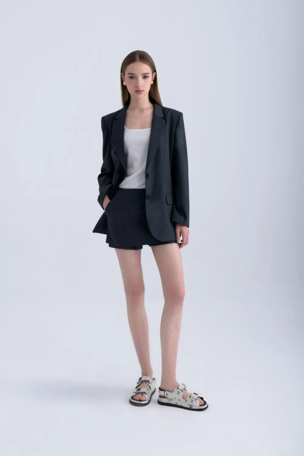 Azure Straight Notch Lapel Polycotton Blazer