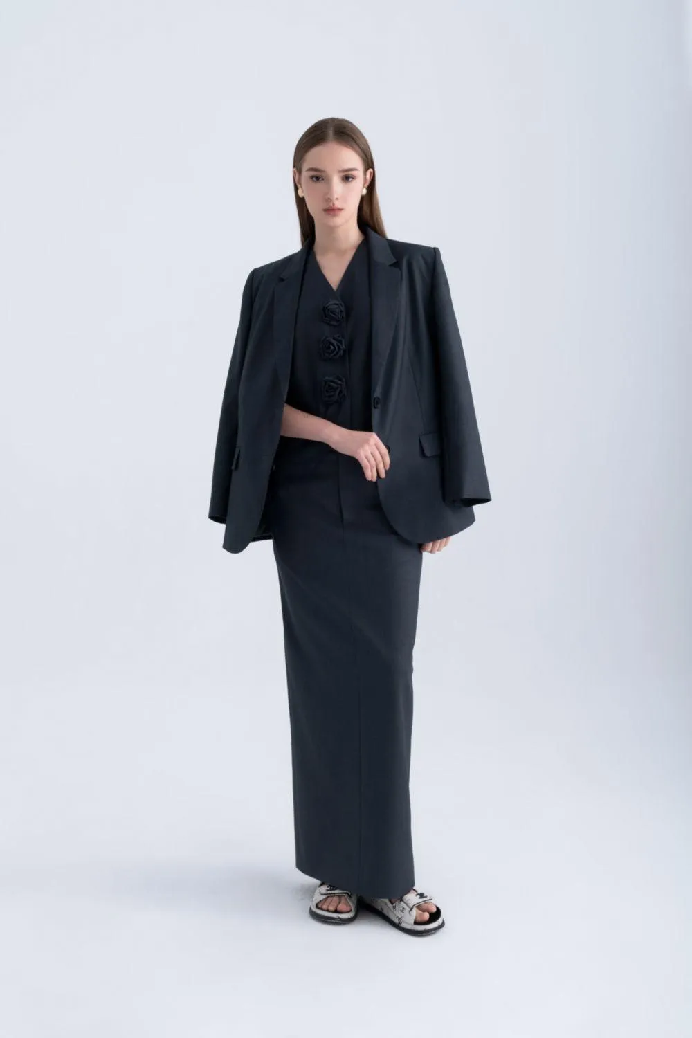 Azure Straight Notch Lapel Polycotton Blazer