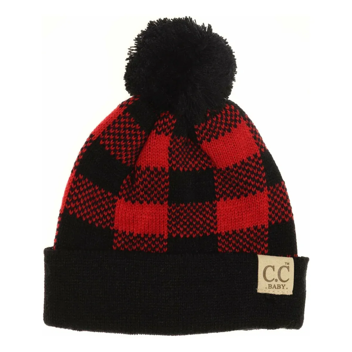 Baby Black/Red Buffalo Plaid Pom Beanie