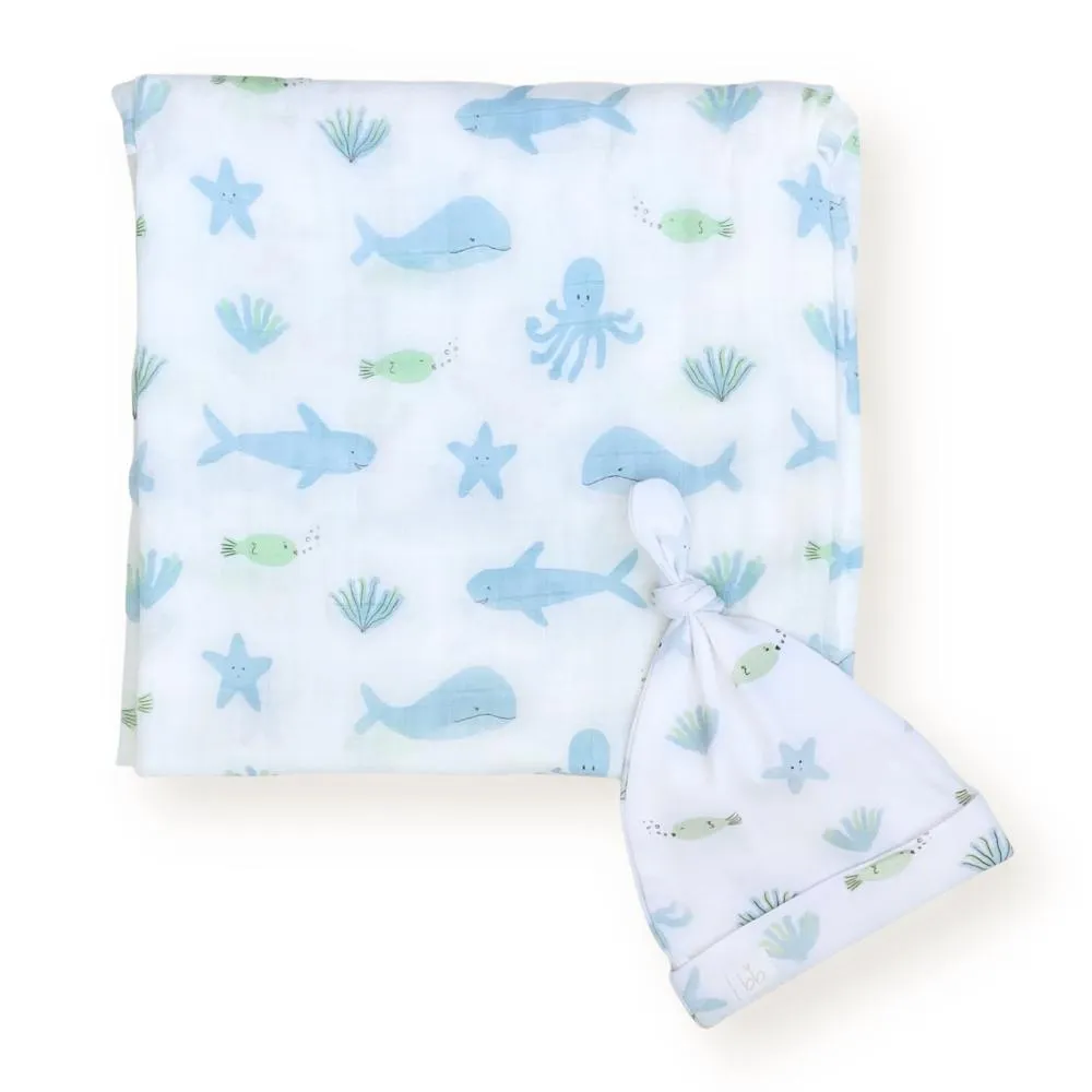 Bamboo Muslin Swaddle Blanket & Topknot Set - Busy Bees