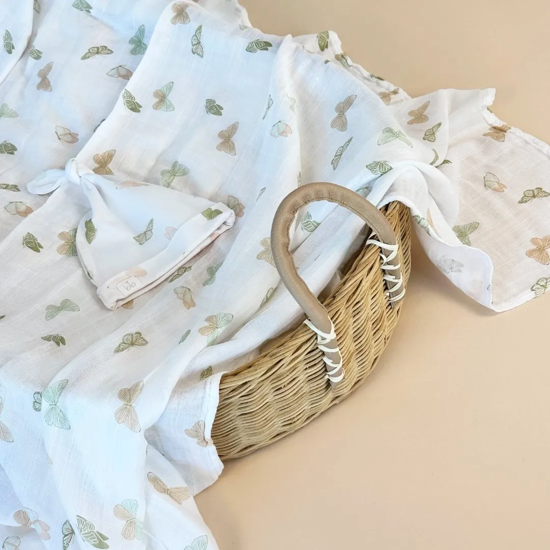 Bamboo Muslin Swaddle Blanket & Topknot Set - Butterflies