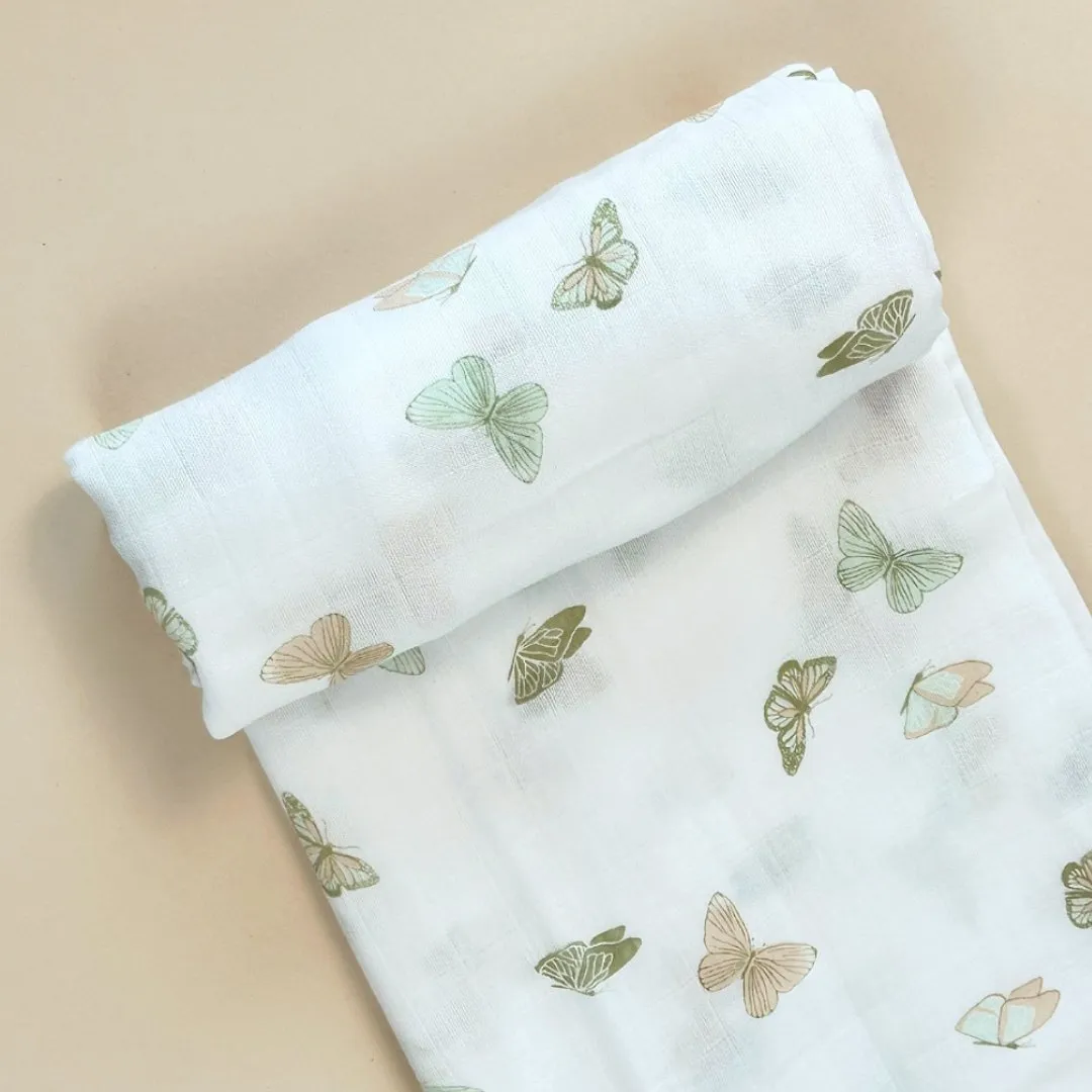 Bamboo Muslin Swaddle Blanket & Topknot Set - Butterflies