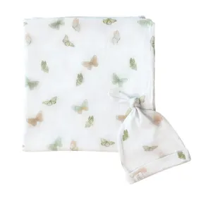 Bamboo Muslin Swaddle Blanket & Topknot Set - Butterflies