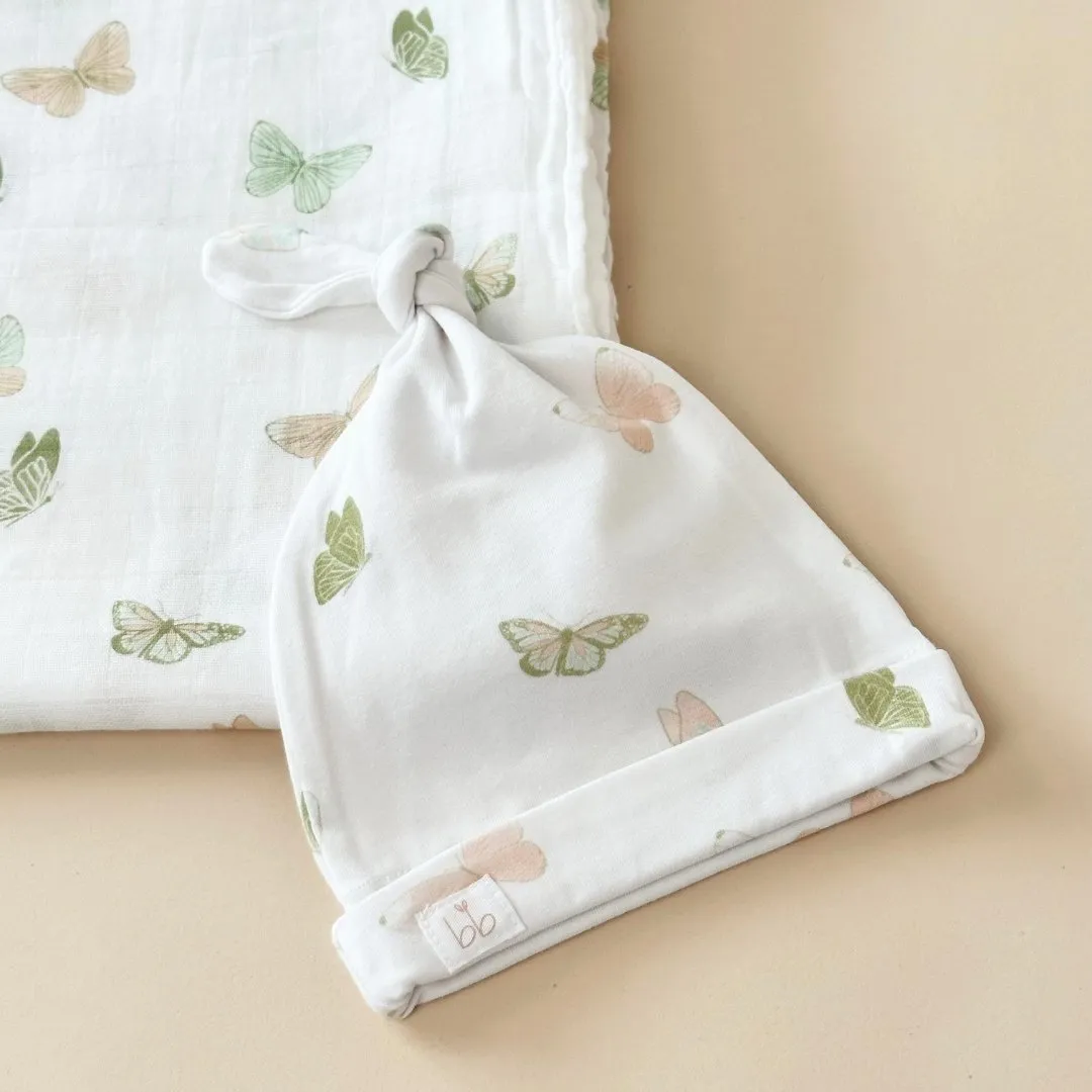 Bamboo Muslin Swaddle Blanket & Topknot Set - Butterflies