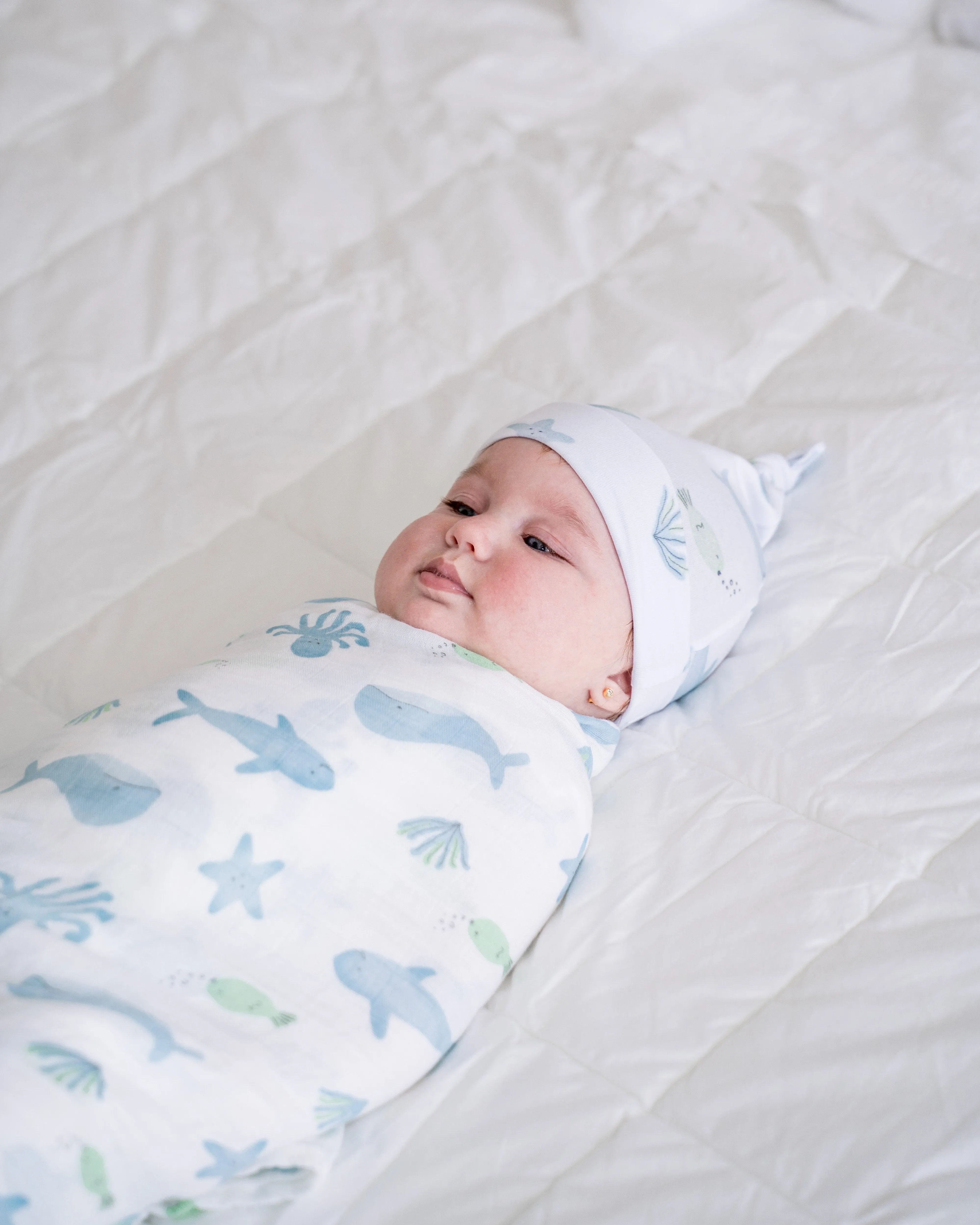 Bamboo Muslin Swaddle Blanket & Topknot Set - Under the Sea