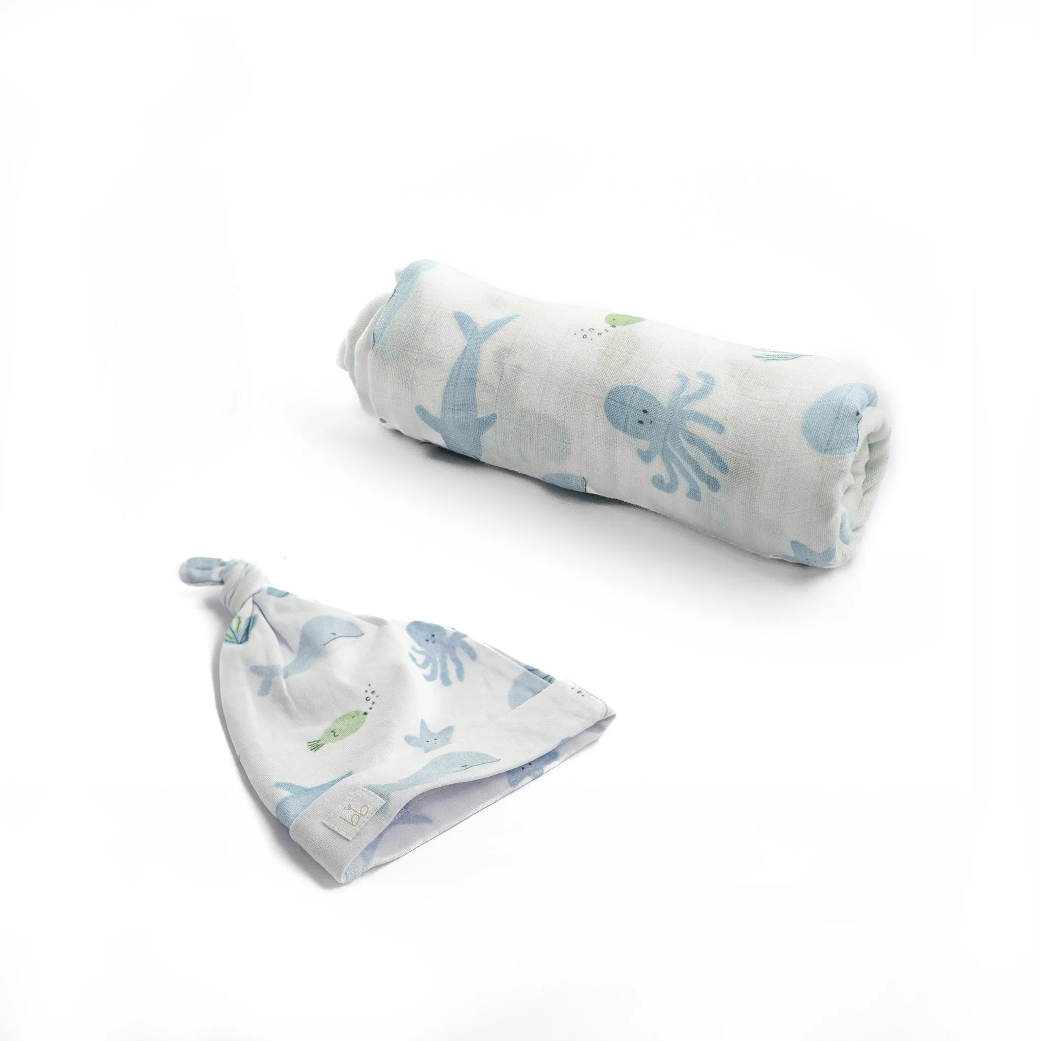 Bamboo Muslin Swaddle Blanket & Topknot Set - Under the Sea