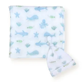 Bamboo Muslin Swaddle Blanket & Topknot Set - Under the Sea