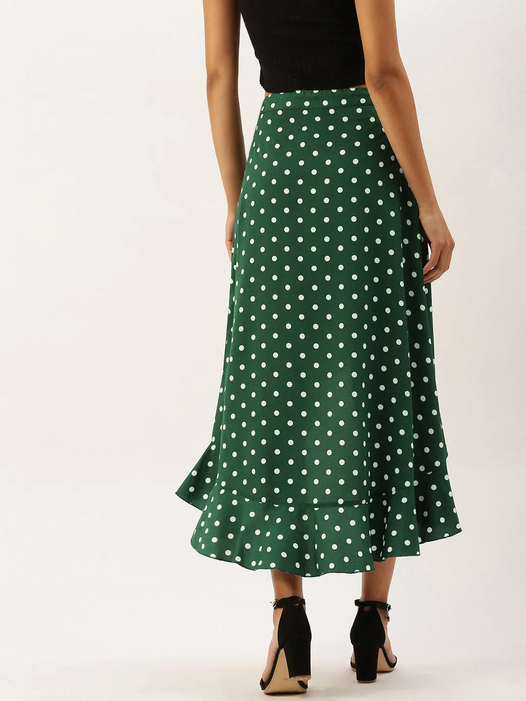 Berrylush Women Green Polka Dot Asymmetrical Hem Ruffled Wrap Skirt