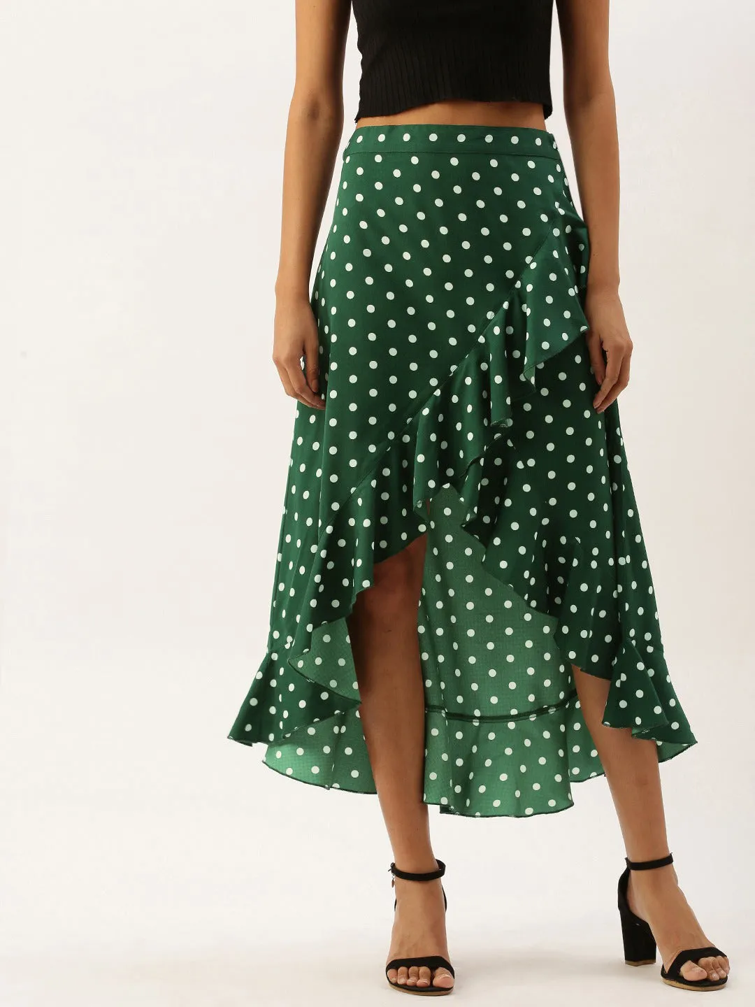 Berrylush Women Green Polka Dot Asymmetrical Hem Ruffled Wrap Skirt