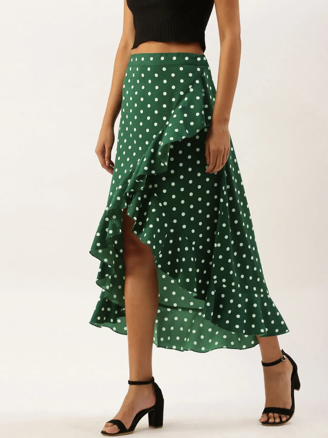 Berrylush Women Green Polka Dot Asymmetrical Hem Ruffled Wrap Skirt