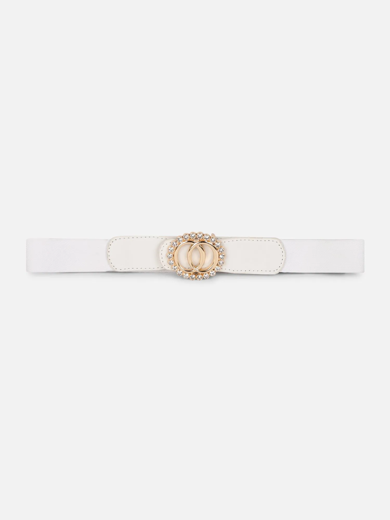 Berrylush Women Solid White Golden Embellished Diamond Studded PU Nylon Push-Pin Regular Slim Belt