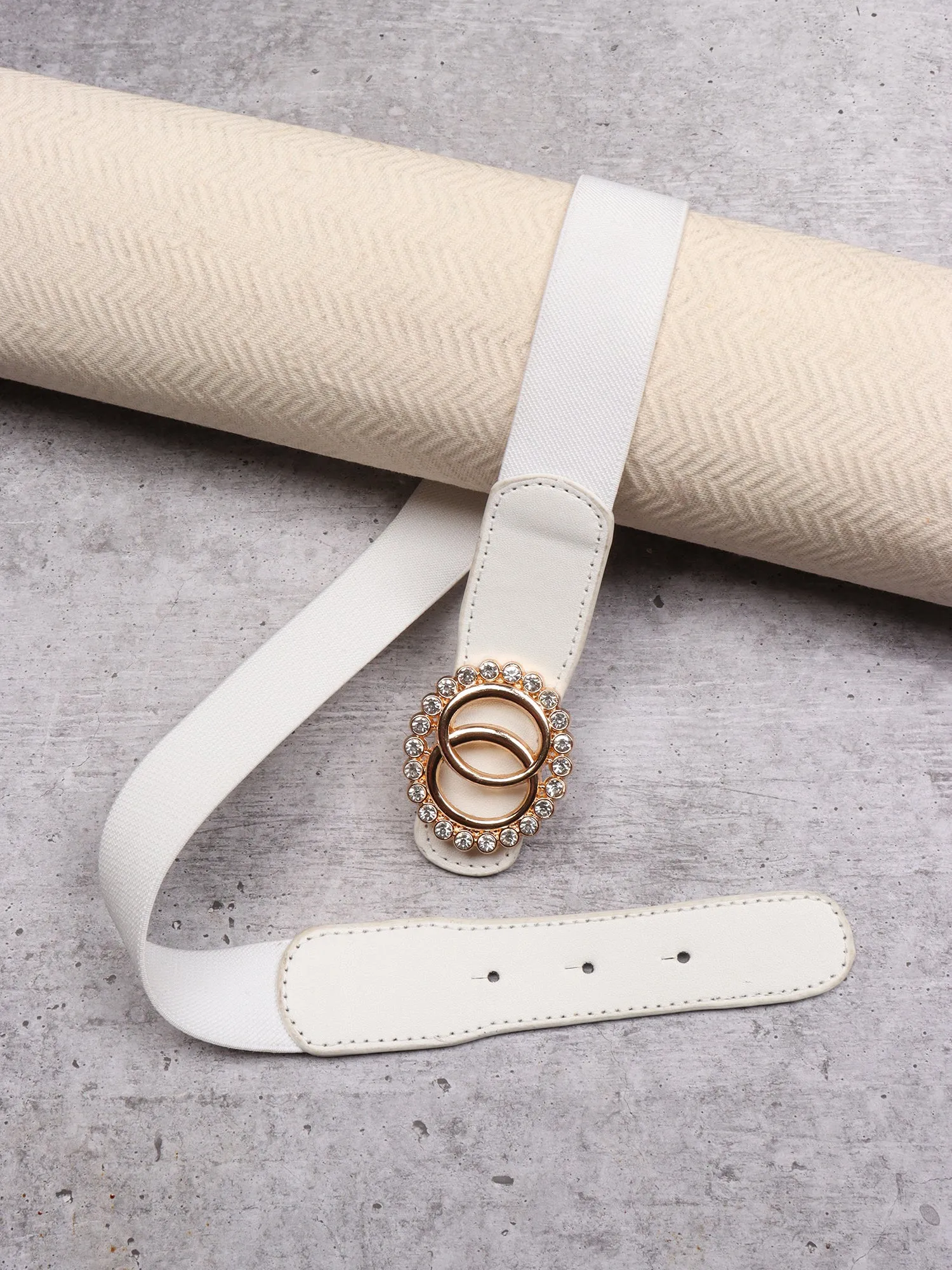 Berrylush Women Solid White Golden Embellished Diamond Studded PU Nylon Push-Pin Regular Slim Belt