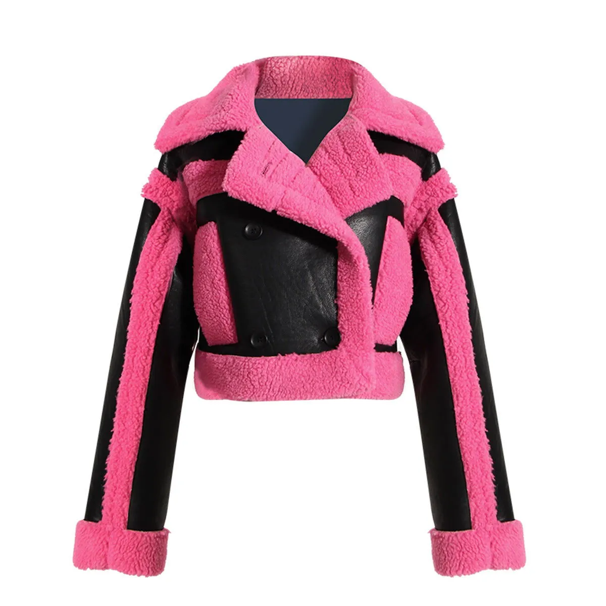 Big Collared Motorcycle Jacket Pink Contrast Color Faux Fur Fur Jacket