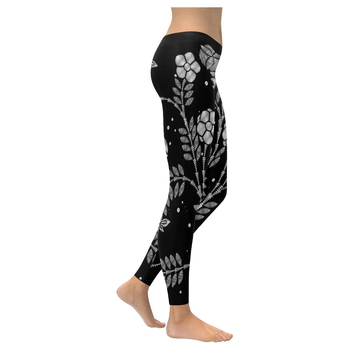 Black and white flower Women's Low Rise Leggings (Invisible Stitch)