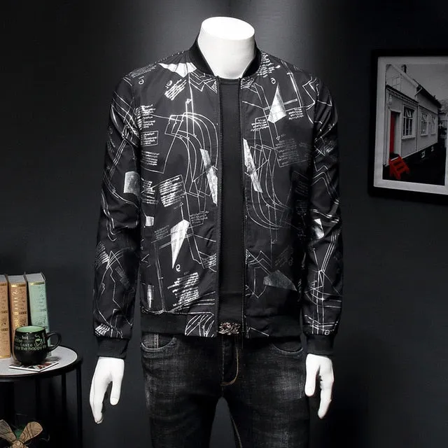 Black Bomber Jacket Men Line Printing Casual