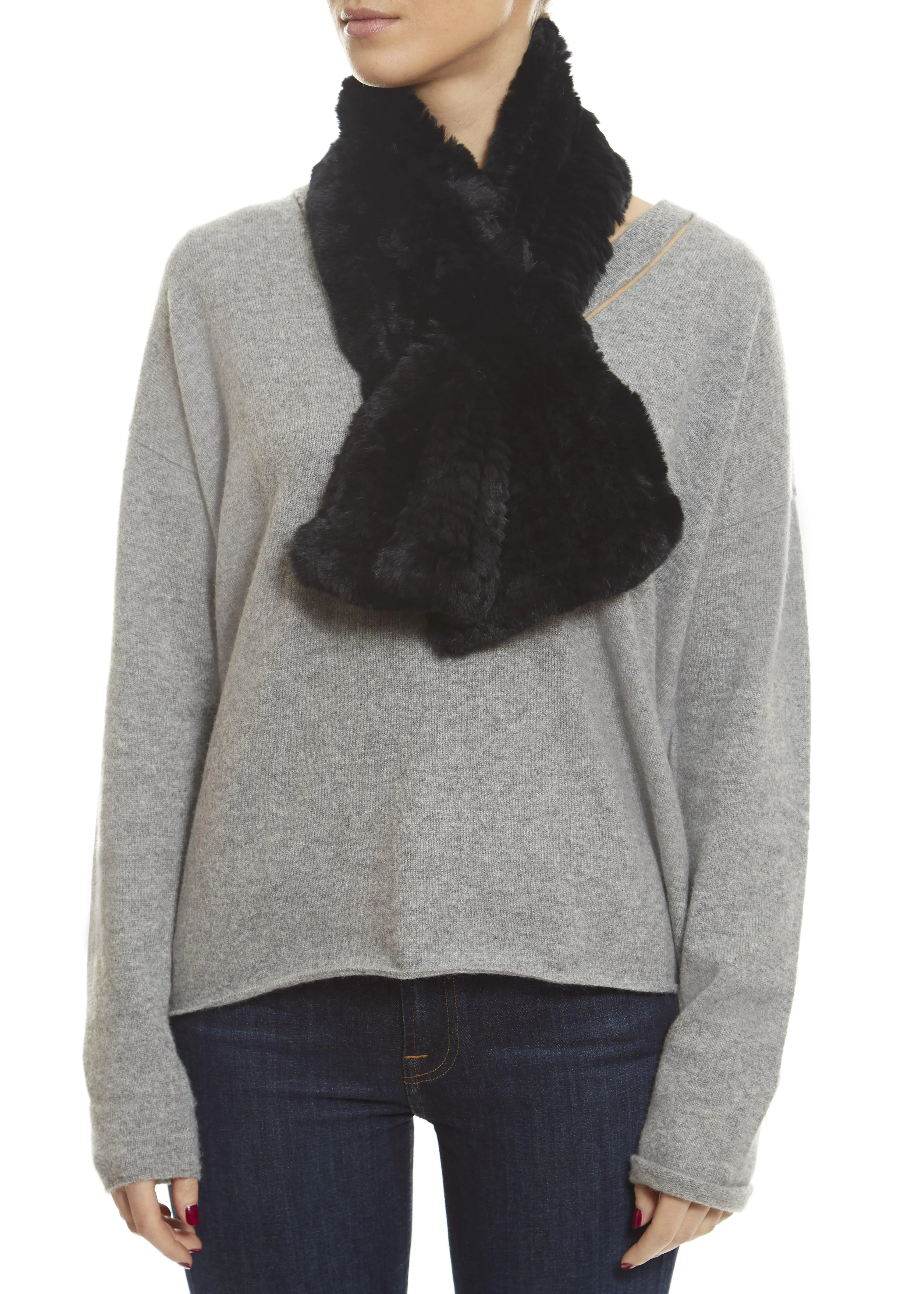 Black Knitted Rex Rabbit 'Loop' Luxury Fur Scarf