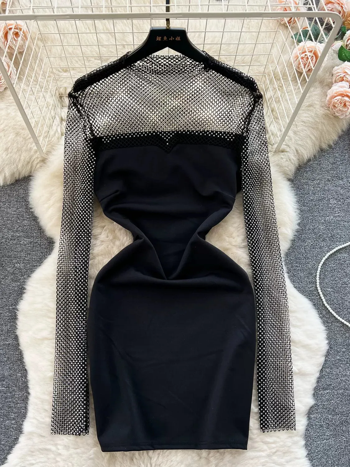 Black Mesh and Satin Bodycon Dress