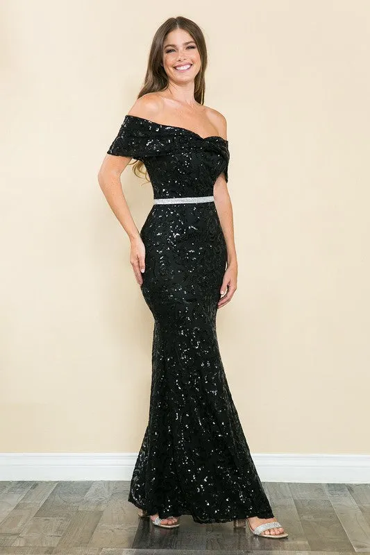 Black Off Shoulder Sheer Paisley Sequin Formal Dress