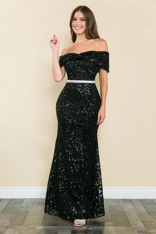 Black Off Shoulder Sheer Paisley Sequin Formal Dress