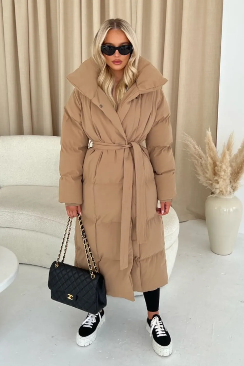 Blossom camel long duvet puffer coat