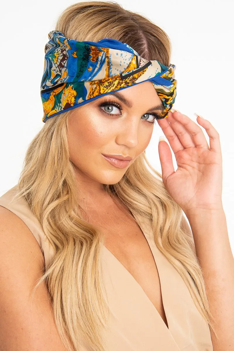 Blue Abstract Print Wired Scarf Headband - Michele