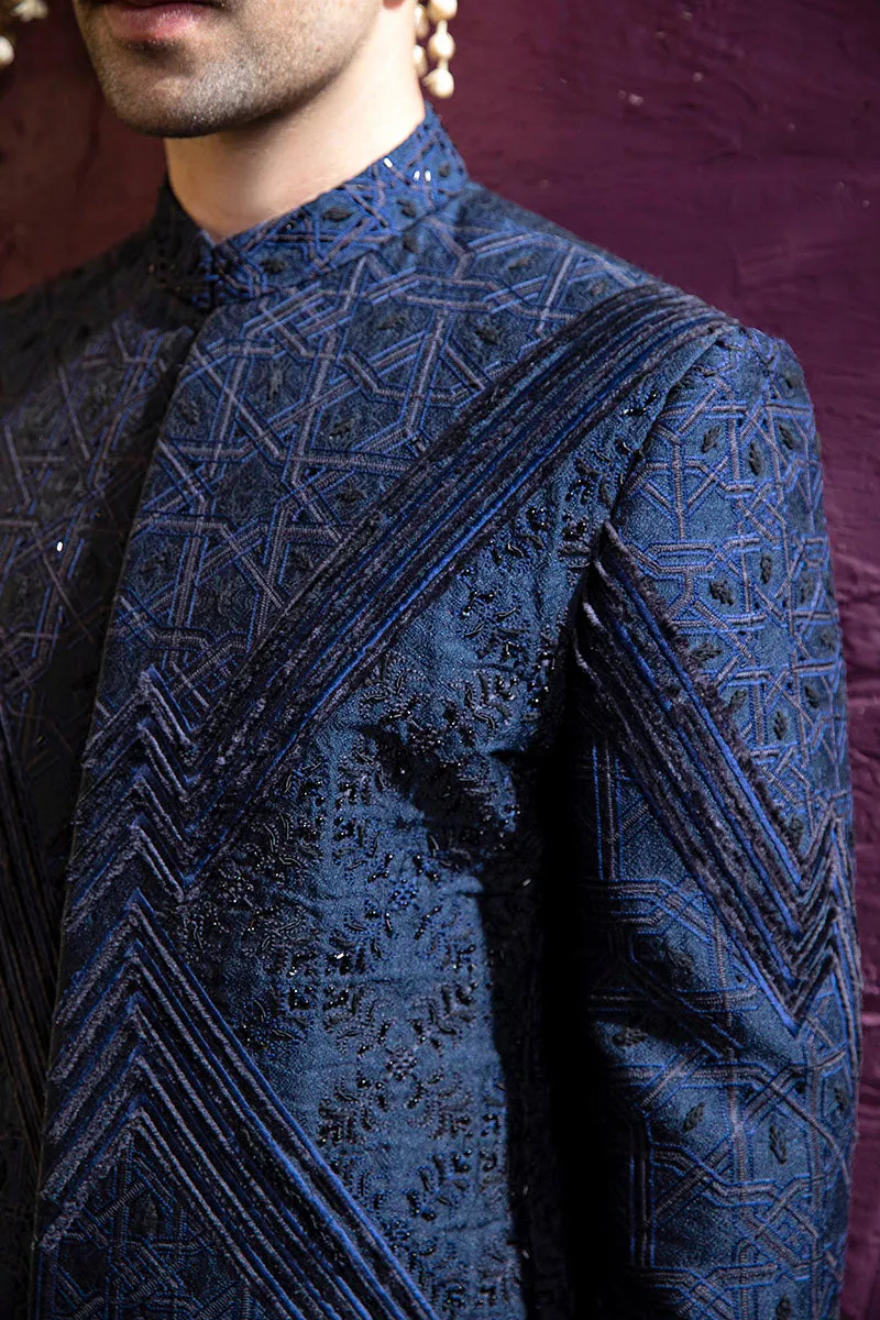 BLUE SELF EMBROIDERED PRINCE COAT