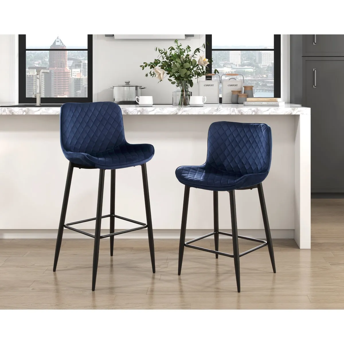 Blue Velvet Quilted Bar Height Chair - Set of 2