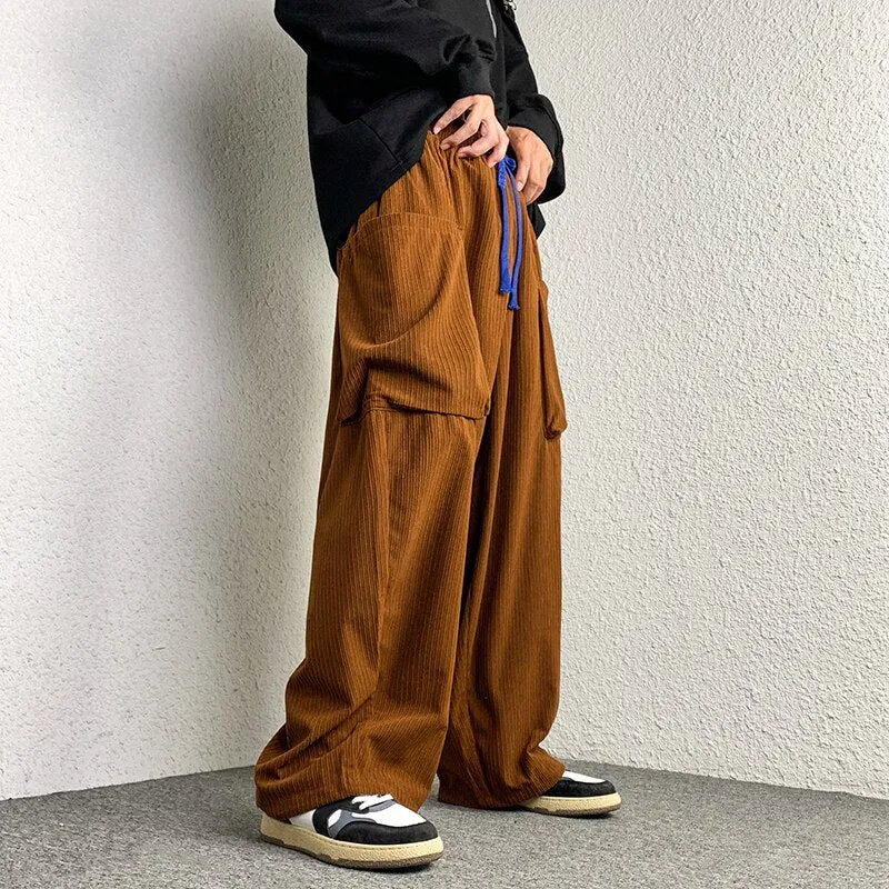 Bonsir Oversize Corduroy Pants Men Fashion Retro Pocket Cargo Pants Men Japanese Streetwear Loose Straight Wide Leg Pants Mens Trousers