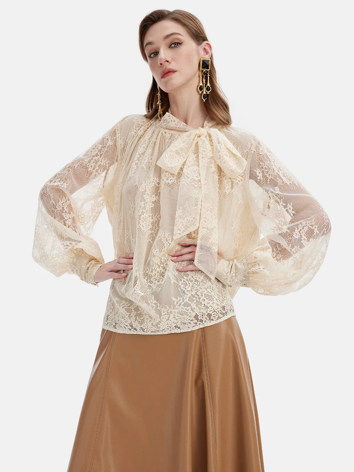 Caged Sleeve Lace-Up Lace Blouse