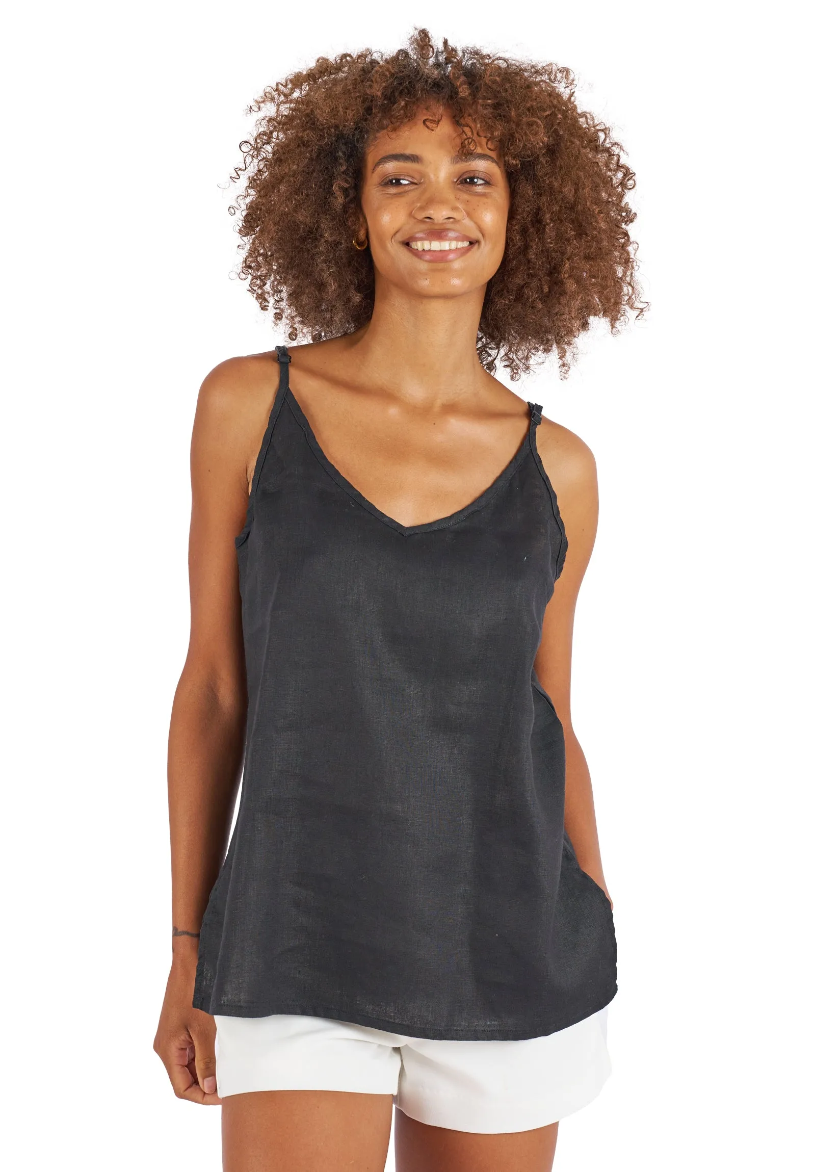 Cami-V Black Linen Top