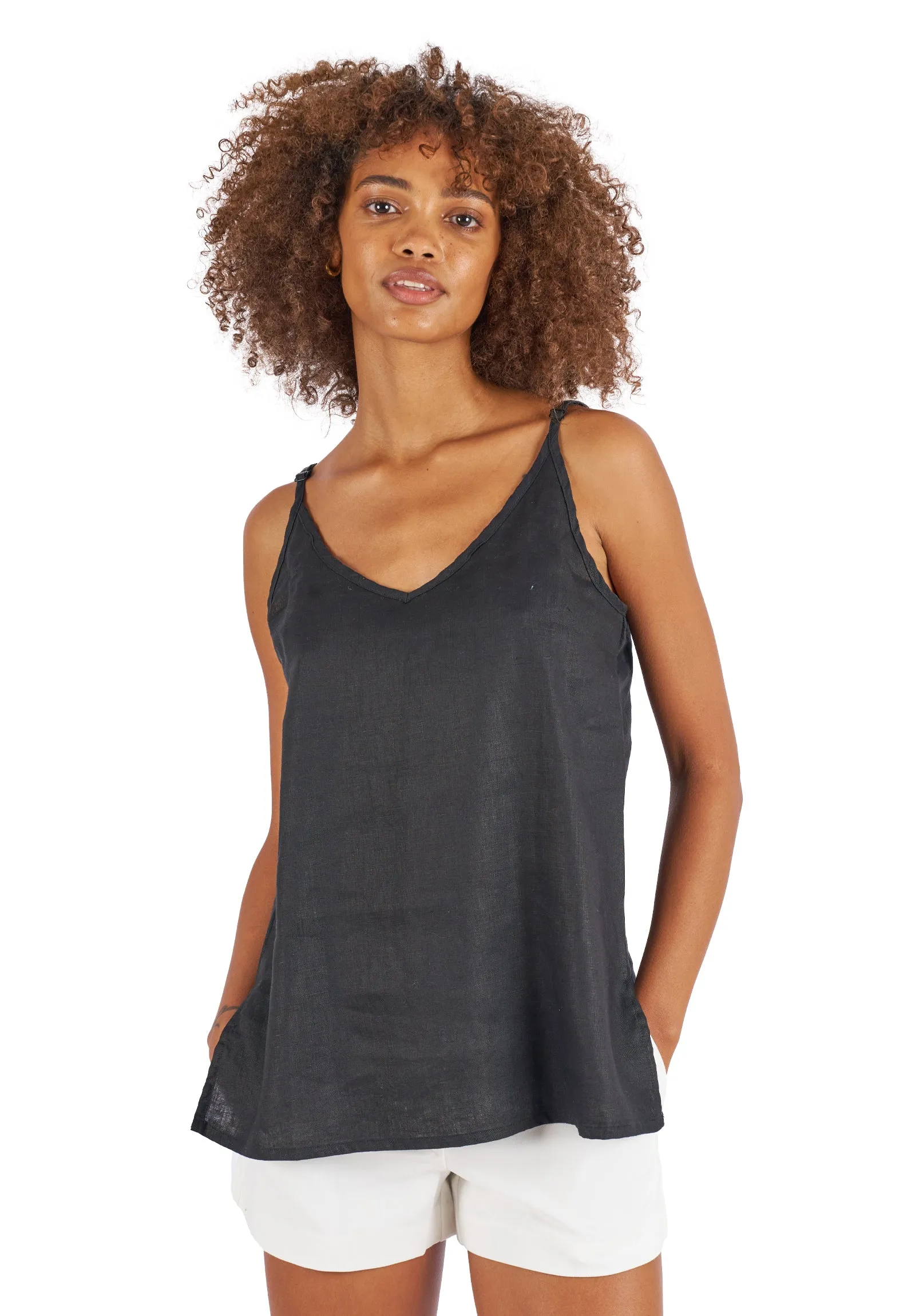 Cami-V Black Linen Top