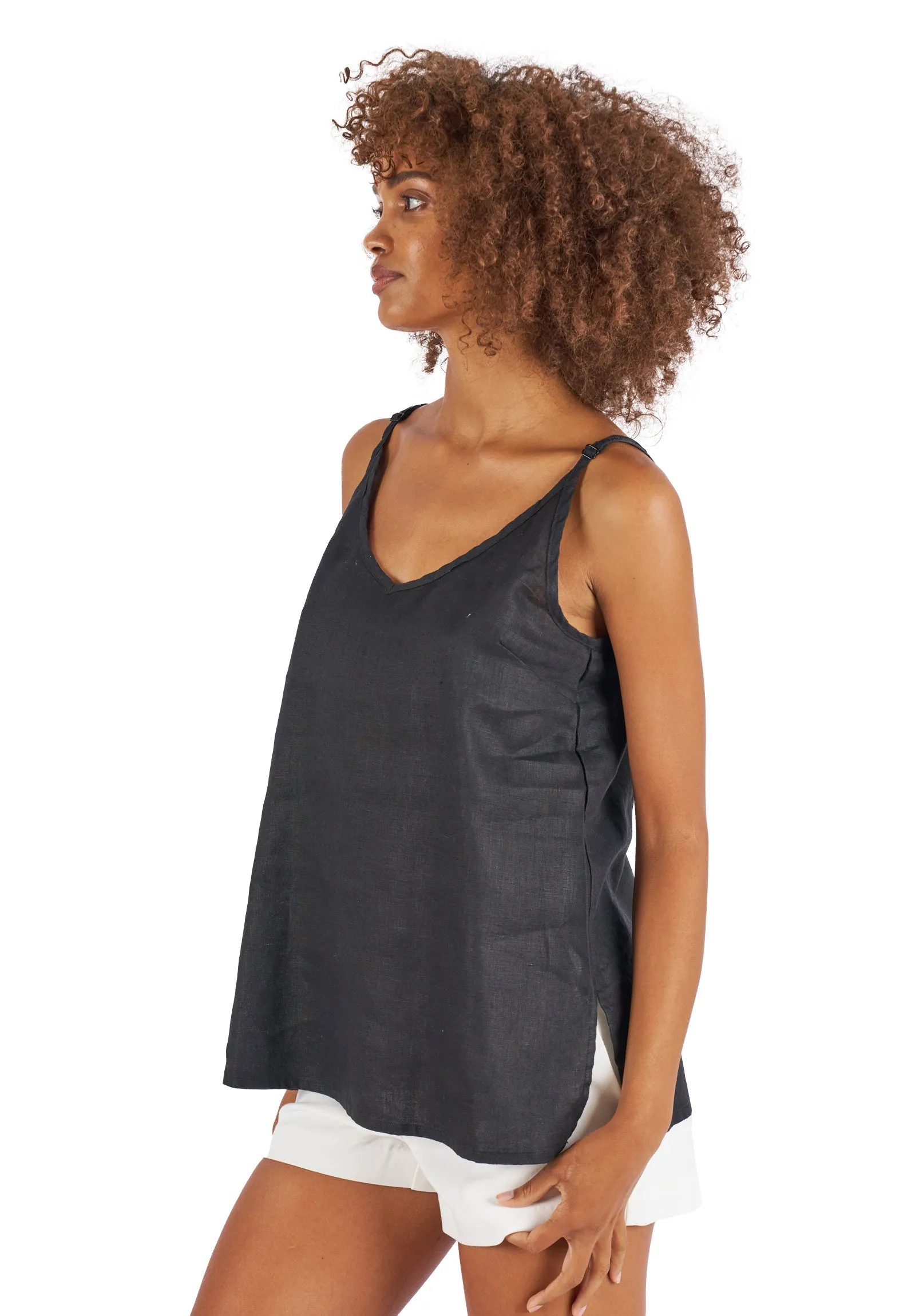 Cami-V Black Linen Top