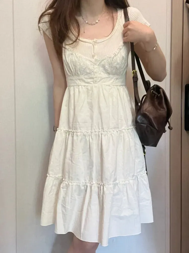 Casual Women White Front Buttons Lace Spliced Sling Dress Summer Vintage Square Collar Sleeveless Female Chic Bottoms