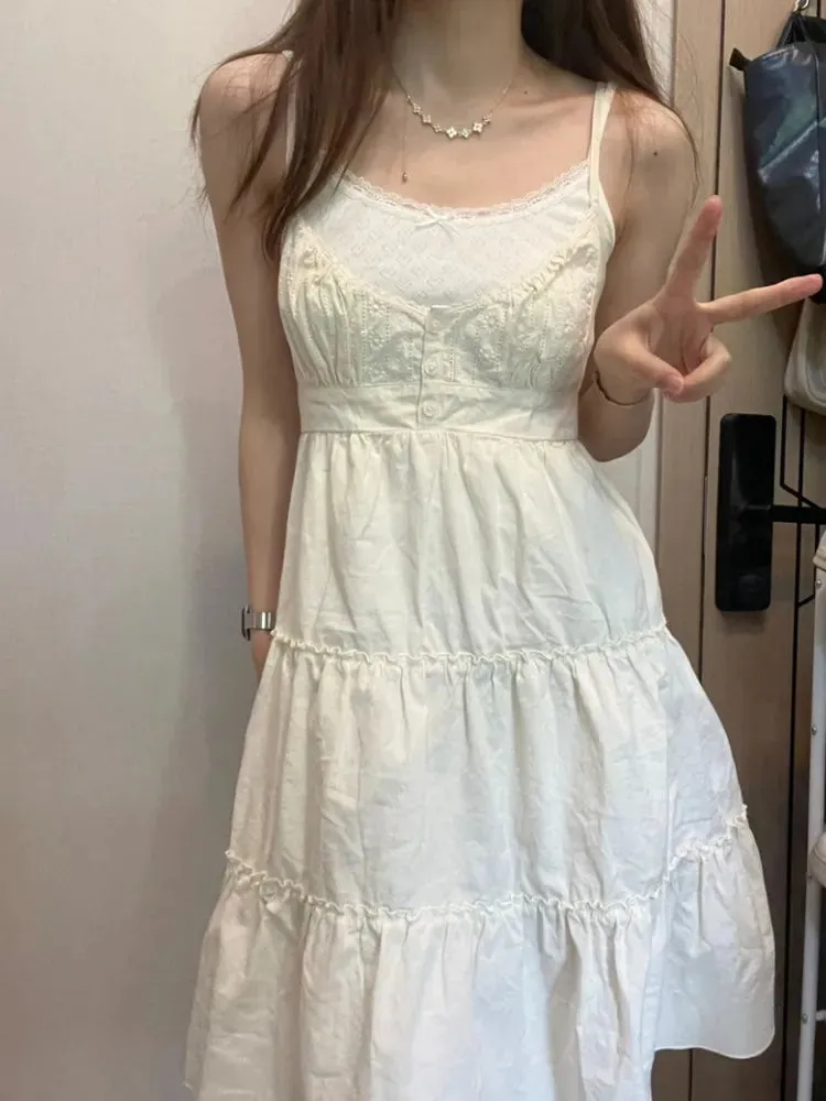 Casual Women White Front Buttons Lace Spliced Sling Dress Summer Vintage Square Collar Sleeveless Female Chic Bottoms