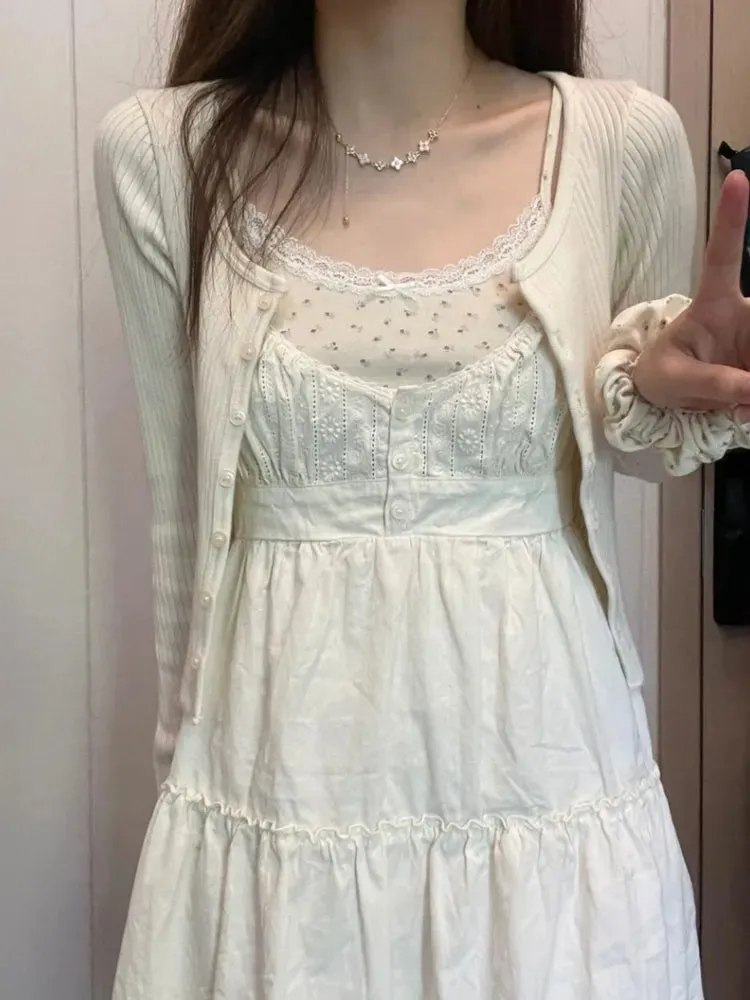 Casual Women White Front Buttons Lace Spliced Sling Dress Summer Vintage Square Collar Sleeveless Female Chic Bottoms