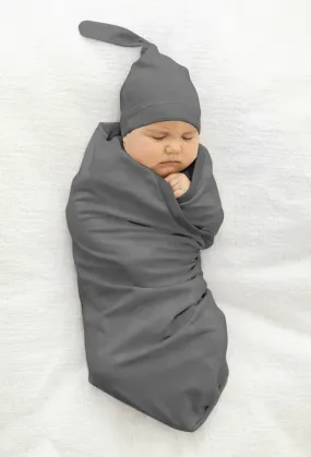 Charcoal Grey Swaddle Blanket & Newborn Hat Set