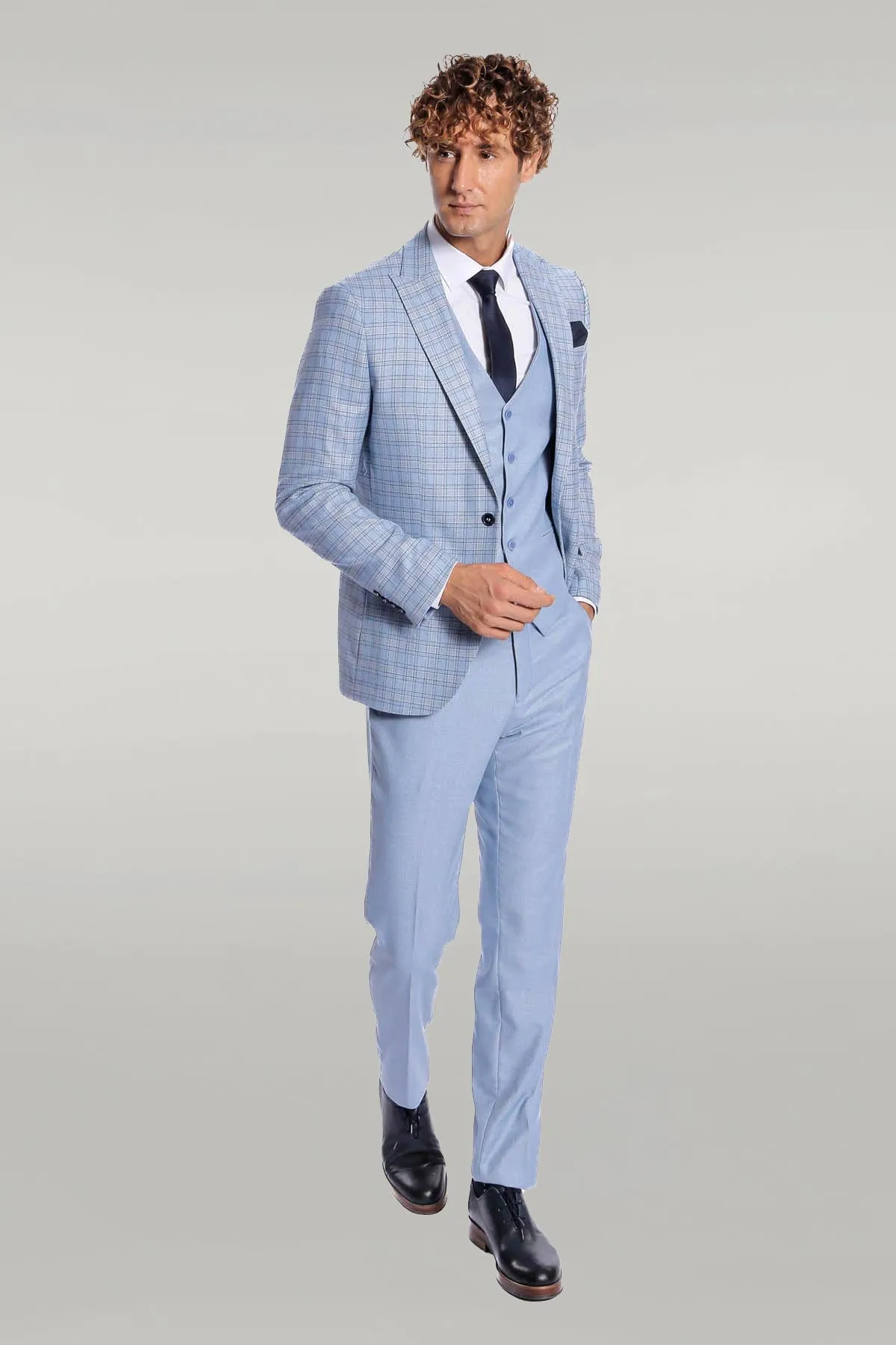 Checked Slim Fit Light Blue Men Suit - Wessi