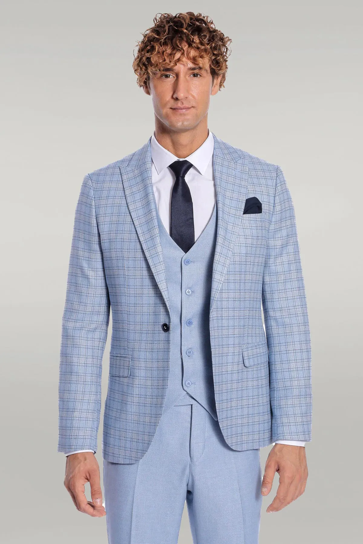 Checked Slim Fit Light Blue Men Suit - Wessi