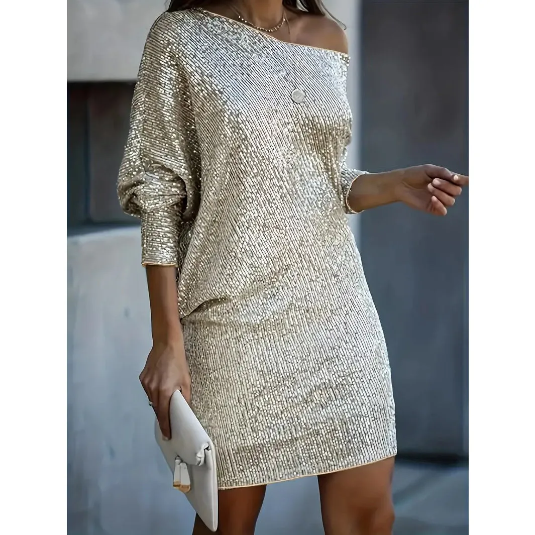 Contrast Sequin Solid Dress Party Wear V Neck Long Sleeve Dress Womens Clothing