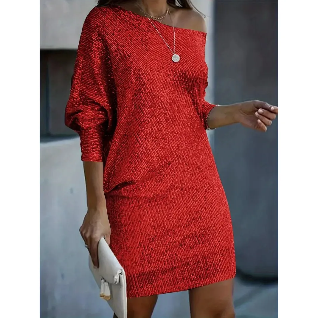 Contrast Sequin Solid Dress Party Wear V Neck Long Sleeve Dress Womens Clothing